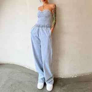 Two-piece denim set featuring strapless corset top and elastic waist wide-leg pants