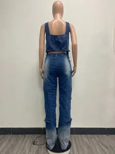 Back view detail of women's retro blue denim vest and cargo pants set with zip pockets