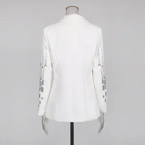 Detailed back view of a white blazer featuring silver sequined geometric patterns on sleeves