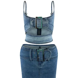 Trendy western denim two-piece set featuring adjustable buckles and a comfortable elastic fit