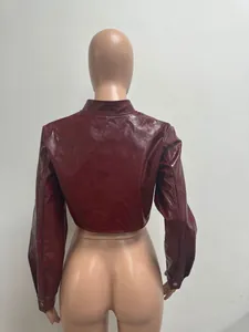 Detailed back view of a stylish burgundy faux leather cropped jacket with stand collar