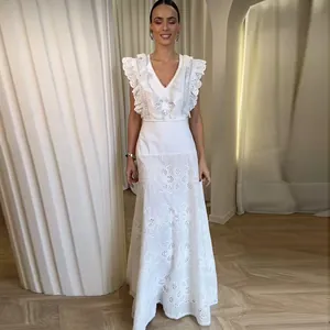 Detailed view of a white French vintage lace embroidery two-piece set with ruffle sleeves.