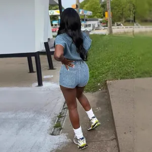 Back view of a stylish summer casual two-piece denim-style vest and shorts set