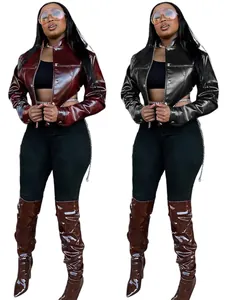 Women Sexy Crop PU Leather Jacket Slim Fit Stand Collar Glossy Solid Color Faux Leather Coat For Autumn Winter Fashion Outwear