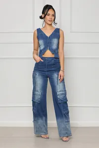 Full-body detail view of vintage blue denim two-piece cargo set with vest and wide-leg pants