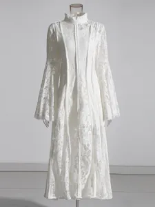 Elegant white lace maxi dress with stand collar and bell sleeves for women