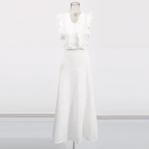 Elegant white French vintage lace embroidery two-piece set with long high waist skirt.