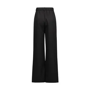 Detailed back view of black wide-leg trousers with an elastic high waistband.