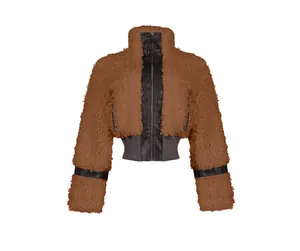 Detailopname van bruine teddyjas met zwart leren patchwork en gespen bij de kraag