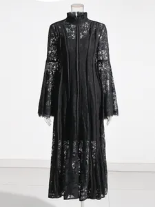 Elegant black lace maxi dress with stand collar and flared bell sleeves
