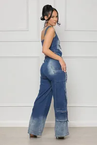 European style vintage denim vest and wide-leg cargo pants two-piece set fashion