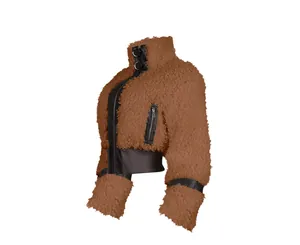Detailopname van een bruine teddy fleece jas met zwart leren bies en een hippe opstaande kraag