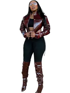 Trendy slim-fit cropped wine red faux leather jacket for women