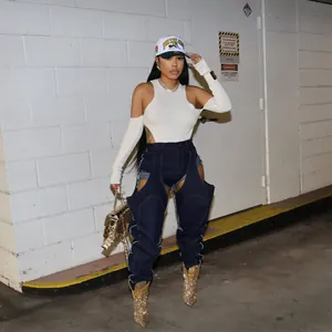 Fashionable high waist dark blue cutout patchwork denim pants for women street style outfit