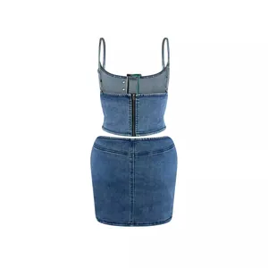 Stylish blue denim two-piece set featuring adjustable buckle top and elastic mini skirt