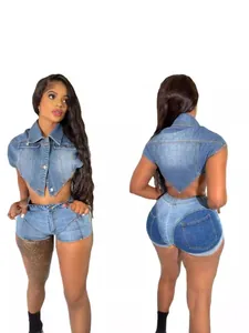 Ensemble Décontracté d'Été pour Femmes Haut Court Sans Manches Irrégulier et Short Moulant Top And Bottom Aspect Denim