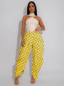 Trendy yellow and black polka dot high-waisted wide-leg harem pants for chic women