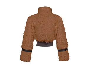 Achteraanzicht van een korte bruine teddyjas met zwarte kunstlederen mouwpatches