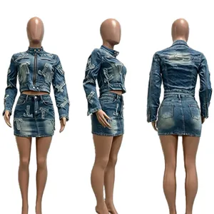 Three-angle detail of blue denim jacket and skirt set with T-letter patches