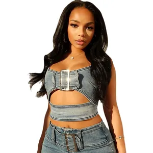 Trendy two-piece denim set featuring buckle cutout crop top and matching jeans