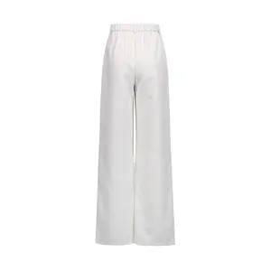 Back view of elegant white high-waisted wide-leg trousers for a chic French look.