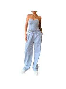 Light blue denim two-piece set with strapless bustier top and wide-leg pants