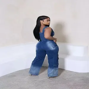 Detailed back view of a trendy retro denim set featuring a slim vest and wide-leg cargo pants