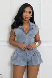 Stylish light blue denim romper with front zipper and trendy bubble hem shorts detail.