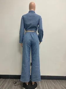Vista trasera de un conjunto de dos piezas de mezclilla azul con top corto y pantalón