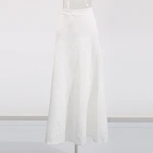 Elegant French vintage white lace embroidery hollow high waist long maxi skirt detail