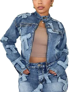 Women Denim Jacket And Skirt Top And Bottom Washed Embroidery Patchwork Long Sleeve Zipper Streetwear Vintage Casual Outfit