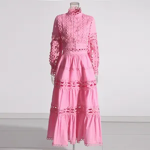 Detailed view of elegant pink French style lace hollow-out long skirt two-piece set