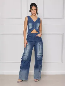 Women Retro Denim Top And Bottom Set Gradient Wash Zip Vest And Multi Pocket Wide Leg Cargo Pants Casual Streetwear Outfit