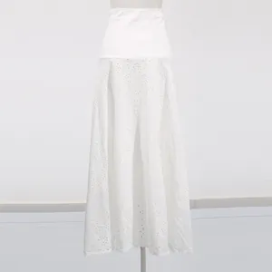 Detailed view of white French vintage high waist skirt with hollow lace embroidery