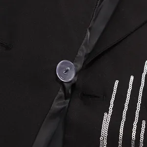 Macro detail of shimmering silver sequin embroidery and clear button on a black blazer