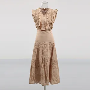 French vintage beige lace embroidery hollow-out two-piece set with flutter sleeves