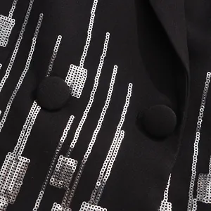 Close-up detail of a black blazer featuring shimmering silver sequins and fabric-covered buttons.