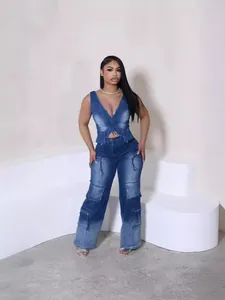 Western style vintage denim two-piece set with cargo wide-leg pants and vest