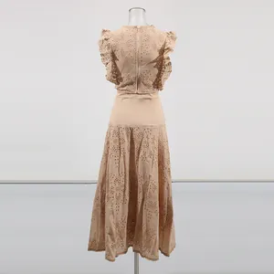 Back view of French vintage beige lace embroidered set with fly-sleeve top and long skirt