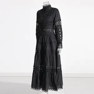Detailed view of French vintage black lace hollow-out tiered maxi dress two-piece set