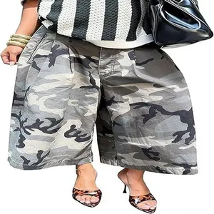 Stylish women street fashion camouflage wide-leg denim pants in vintage grey-green finish