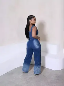 Vintage blue denim two-piece set featuring vest and wide-leg cargo pants for women