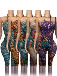 Women Halter Neck Backless Jumpsuit Sexy Slim Fit Printed Romper Sleeveless Halterneck Bodysuit Fashion Floral Leopard Pattern Top And Bottom One Piece Outfit