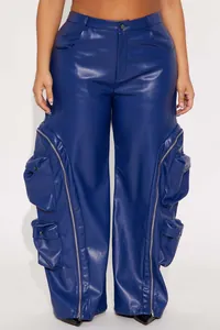 Detailed view of blue faux leather cargo pants with large pockets and zippers