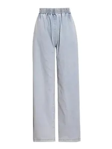 Close-up view of light blue high-waisted wide-leg denim pants with elastic waistband
