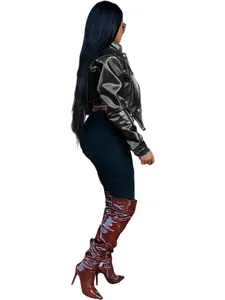 Side view detail of a chic slim-fit cropped black leather jacket for stylish women