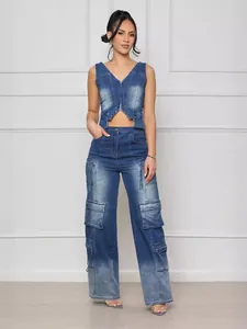 Stylish vintage denim two-piece set with a cropped zip vest and cargo wide-leg pants