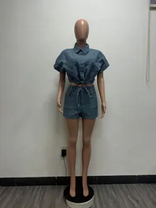 Two-piece denim texture summer set with cropped short-sleeve shirt and matching shorts