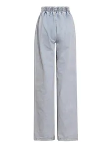 Detailed back view of light blue washed denim wide-leg pants with elastic waistband