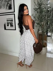 Casual chic polka dot high-waisted wide leg pants and brown halter top outfit.